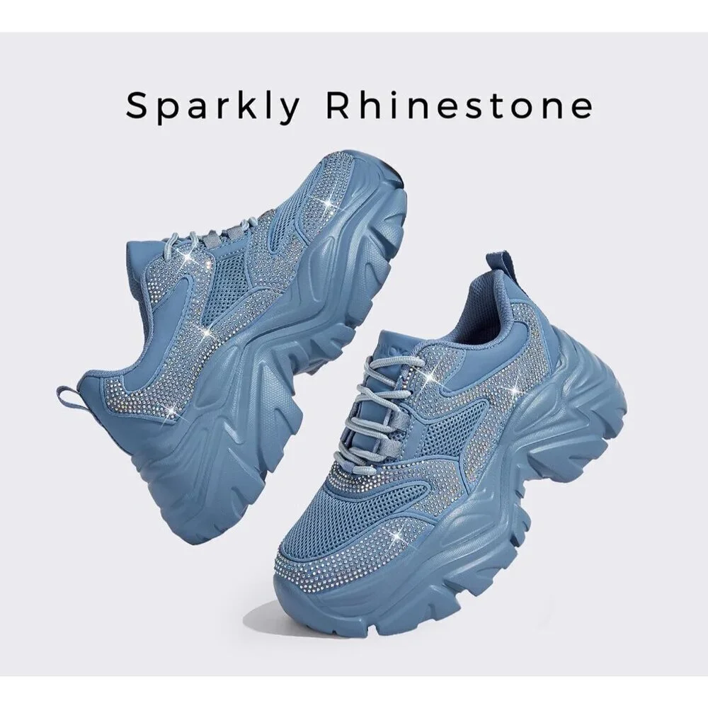 Women Leather Blue Rhinestone Comfortable Wedge Walking Sport Sneakers Shoes